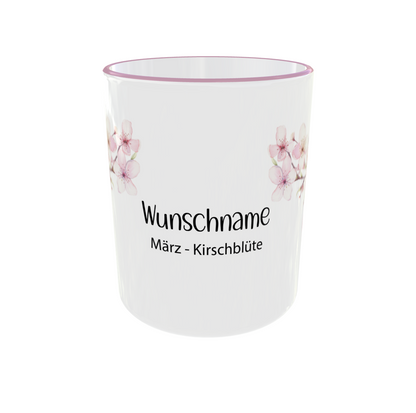 Personalisierte Geburtsblumen Tasse März mit Kirschblüte Kranz und Wunschname - Seitenansicht