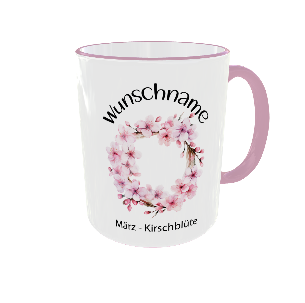 Personalisierte Geburtsblumen Tasse März mit Kirschblüte Zweigen und Wunschname - Detailansicht rosa Henkel