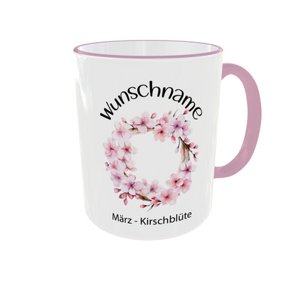 Personalisierte Geburtsblumen Tasse März mit Kirschblüte Zweigen und Wunschname - Detailansicht rosa Henkel
