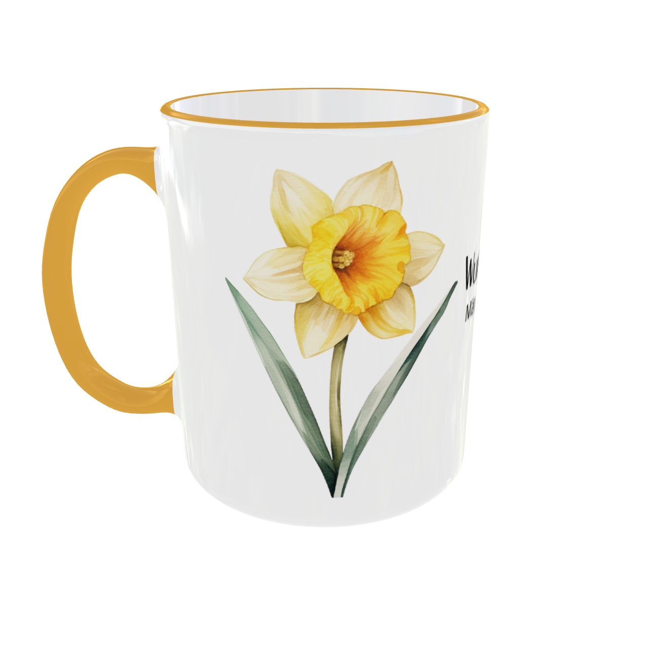 Personalisierte Geburtsblumen Tasse März mit Osterglocke Narzisse Kranz Design und goldenem Rand - Vorderansicht