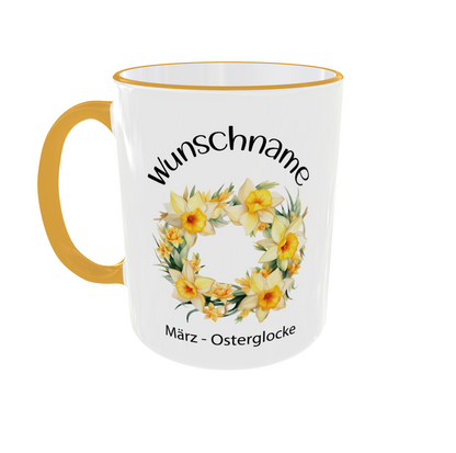 Personalisierte Geburtsblumen Tasse März mit Osterglocke Zweigen Design und Goldgelb Rand 