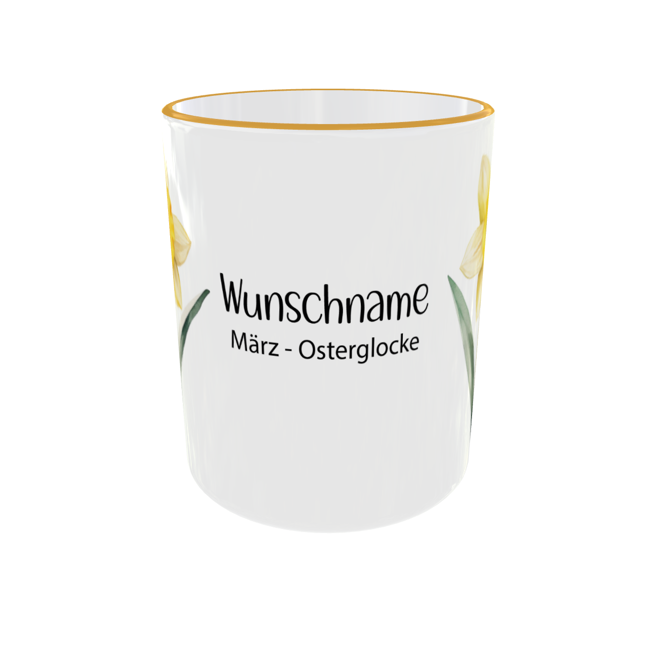 Personalisierte Geburtsblumen Tasse März mit Osterglocke Narzisse Kranz und Wunschname - Seitenansicht mit goldenem Henkel