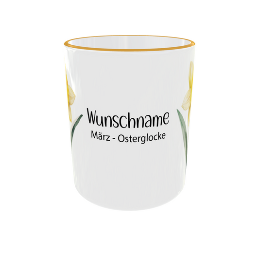 Personalisierte Geburtsblumen Tasse März mit Osterglocke Narzisse Kranz und Wunschname - Seitenansicht mit goldenem Henkel