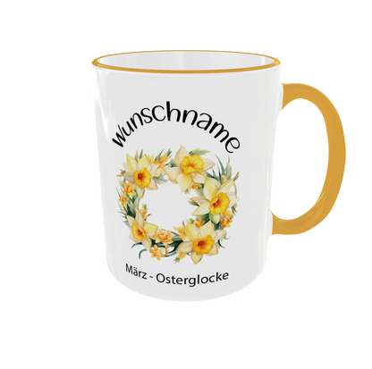Personalisierte Geburtsblumen Tasse März mit zarten Osterklocke Zweigen und Wunschname - Detailansicht mit Goldgelb Akzenten