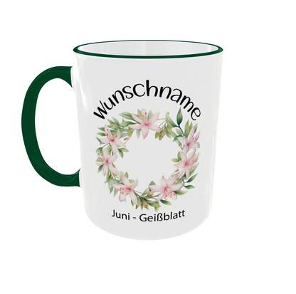 Personalisierte Geißblatt Tasse mit Wunschname - Frontansicht mit Blütenkranz