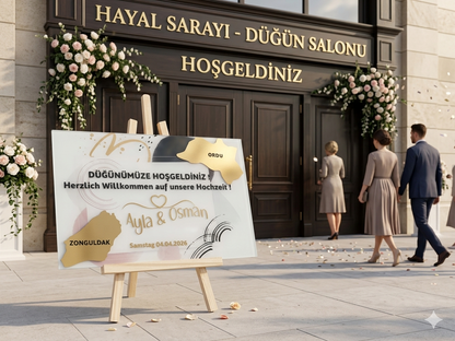 Personalisiertes Hochzeits-Empfangsschild – Zweisprachig mit goldener Stadtsilhouette