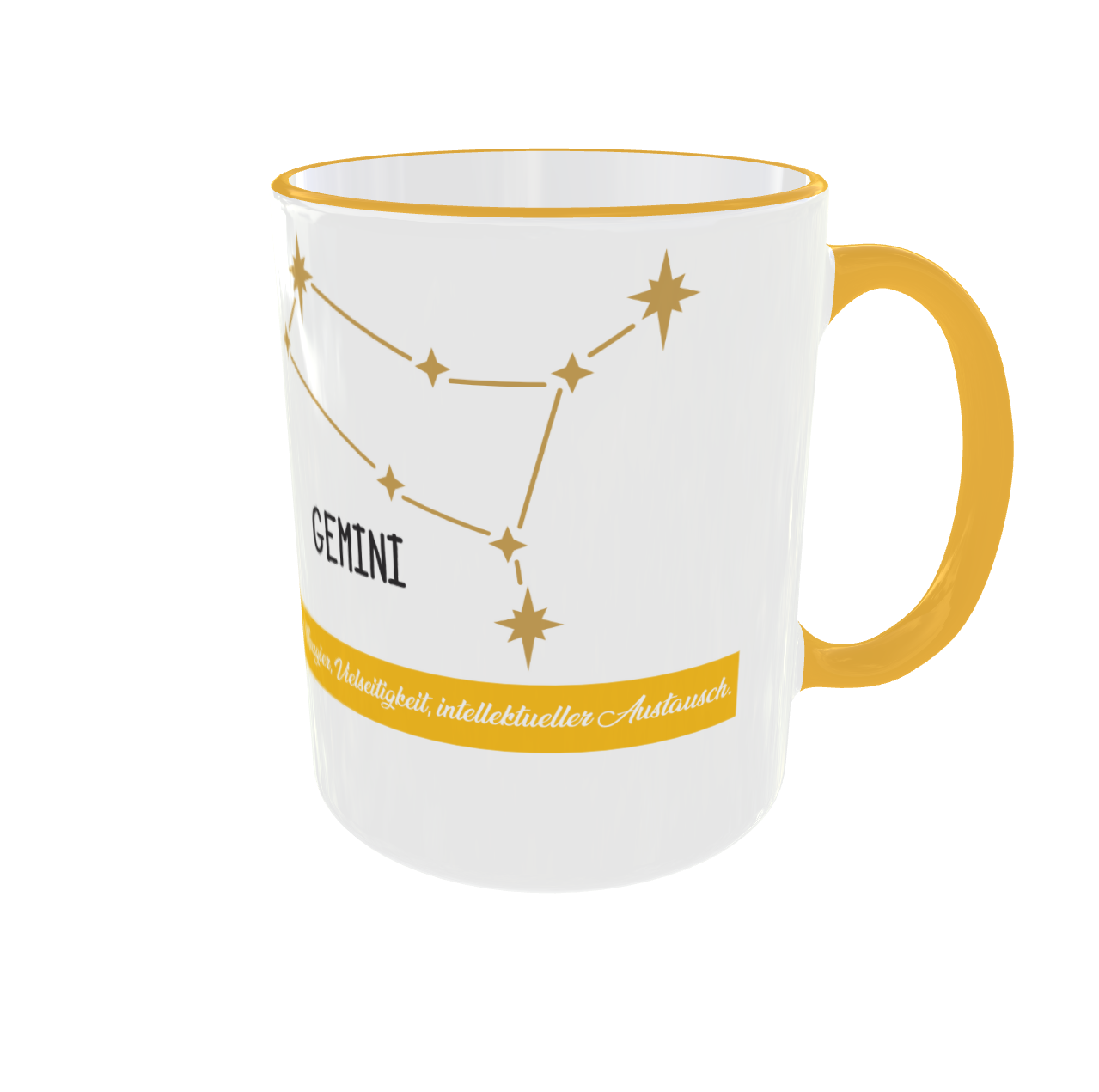 Weiße Keramiktasse mit gelbem Henkel und Rand, bedruckt mit dem Sternzeichen-Symbol „Zwillinge“ und dem Sternenbild „Gemini“ in Gold-Gelb.