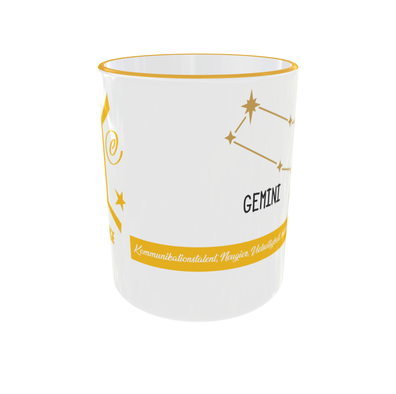 Weiße Keramiktasse mit gelbem Henkel und Rand, bedruckt mit dem Sternzeichen-Symbol „Zwillinge“ und dem Sternenbild „Gemini“ in Gold-Gelb.
