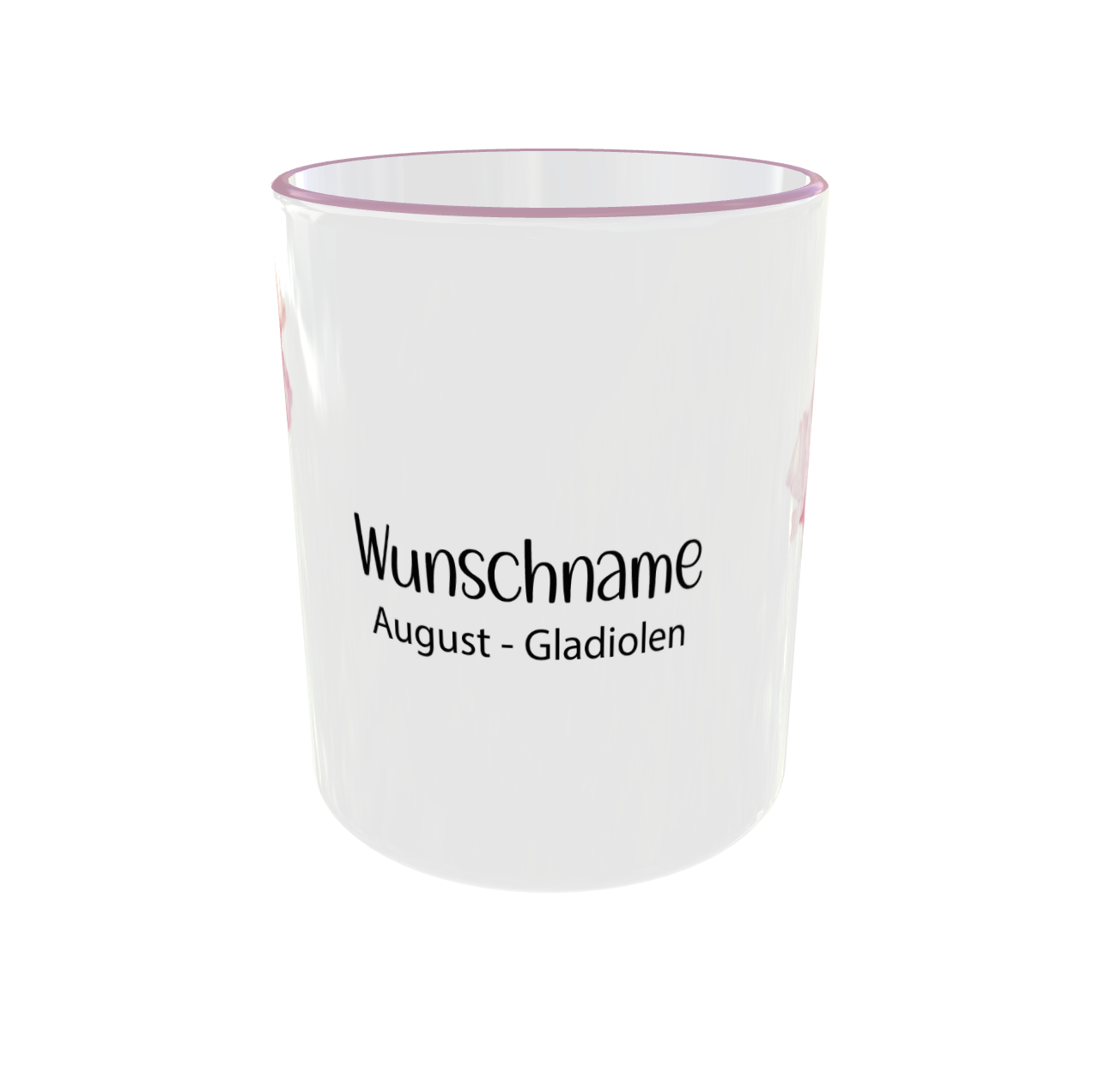 Rückansicht der personalisierten August Geburtsblumen Tasse mit Gladiolen Kranz