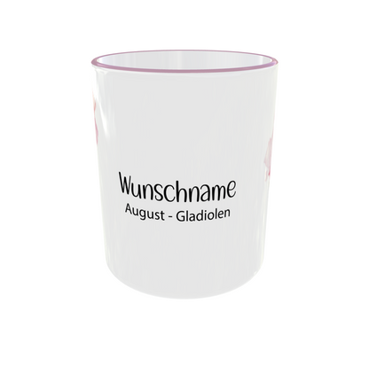 Rückansicht der personalisierten August Geburtsblumen Tasse mit Gladiolen Kranz