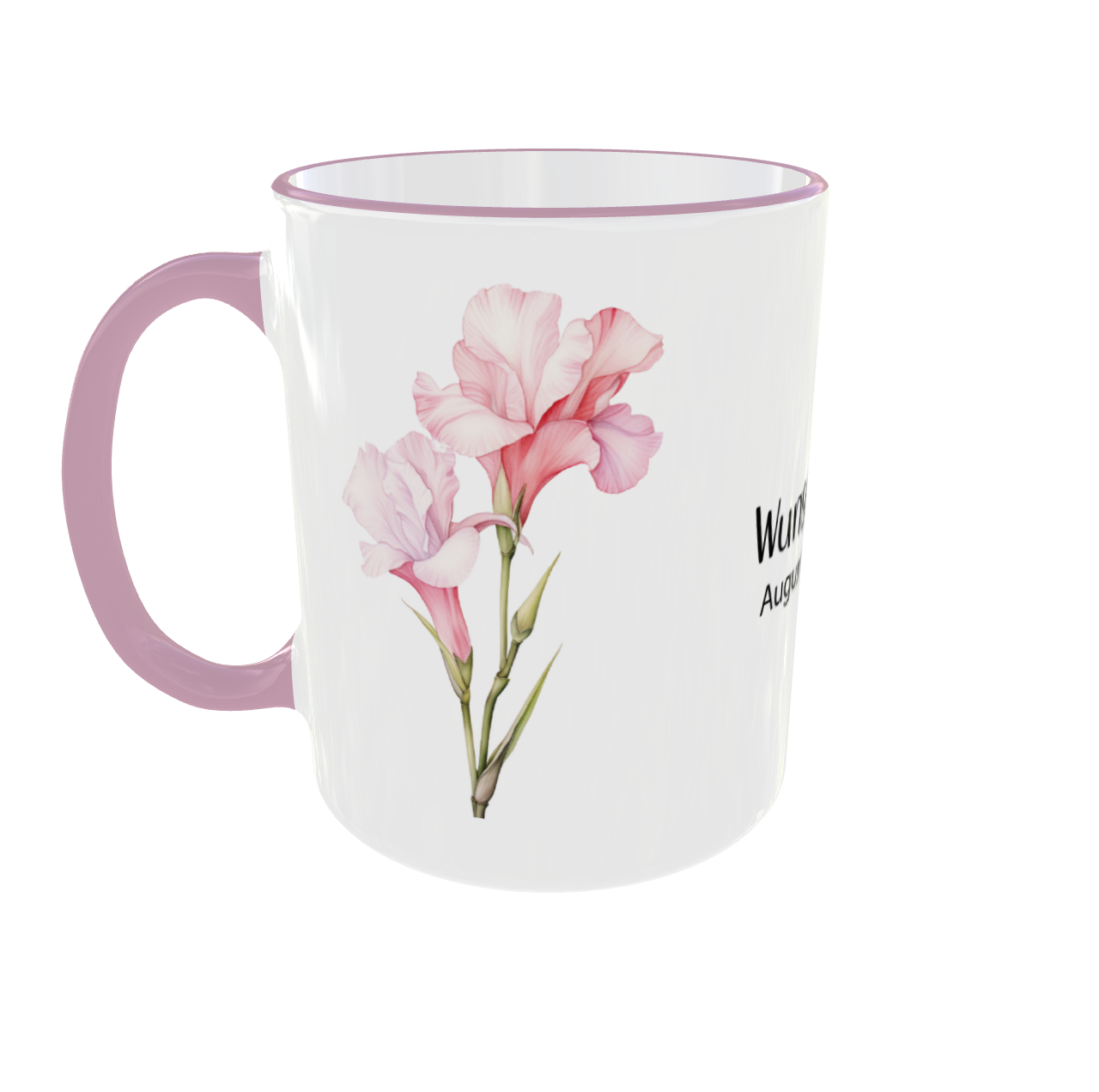 Personalisierte Tasse mit August Geburtsblume Gladiolen - Wunschname auf weißer Tasse mit rosa Rand
