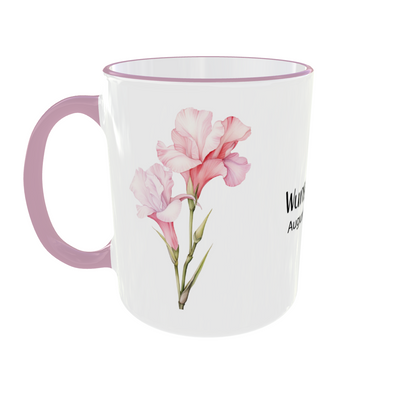 Personalisierte Tasse mit August Geburtsblume Gladiolen - Wunschname auf weißer Tasse mit rosa Rand