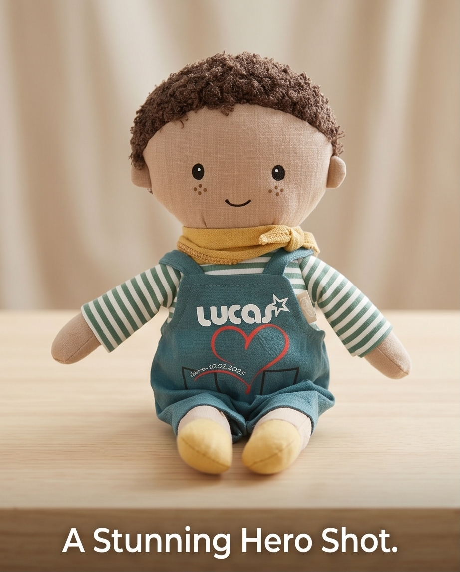 „Personalisierbare Stoffpuppe Junge mit Transferdruck – Hero Shot auf Holztisch"