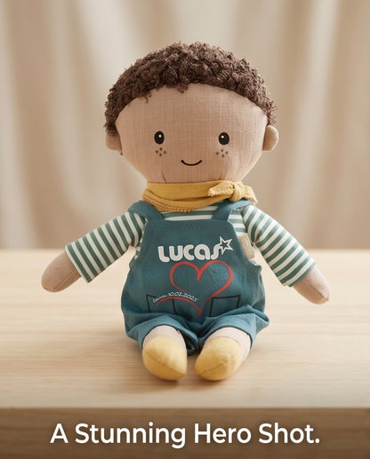 „Personalisierbare Stoffpuppe Junge mit Transferdruck – Hero Shot auf Holztisch"