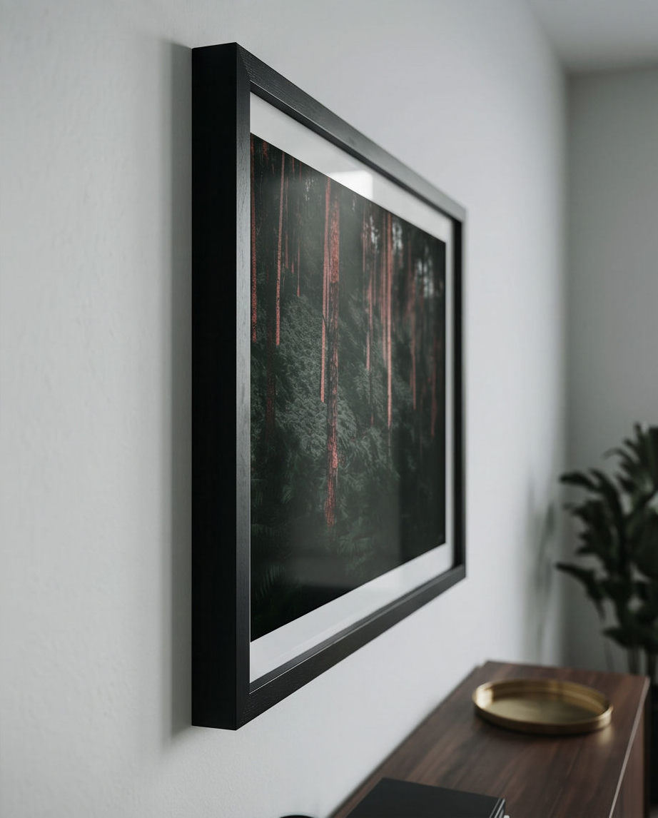 Urzeitwald – Gerahmter Kunstdruck Seitenansicht an weißer Wand, schwarzer Holzrahmen mit Passepartout, Querformat 50x70 cm