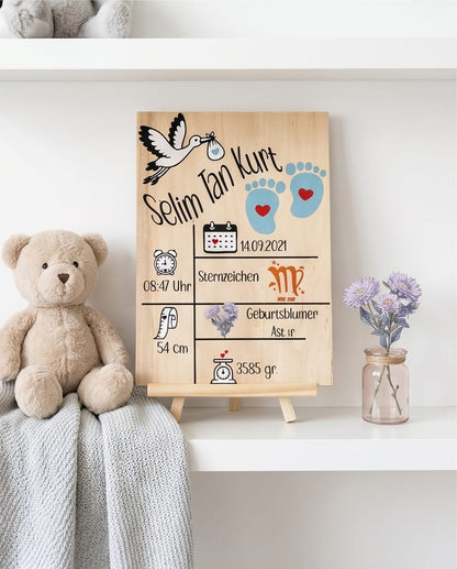 Holzschild auf Staffelei mit Teddybär und lila Blumen – mit Name, Geburtsdatum, Sternzeichen und Geburtsblume