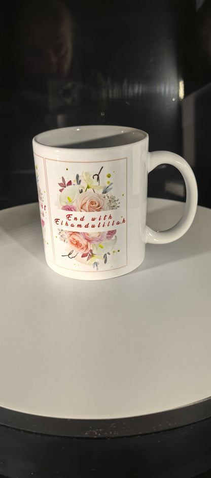 Muslimisches Geschenk mit floraler Verzierung-Keramiktasse mit Bismillah-Spruch – Islamisches Design & Blumenmotiv– Floral und Elegant