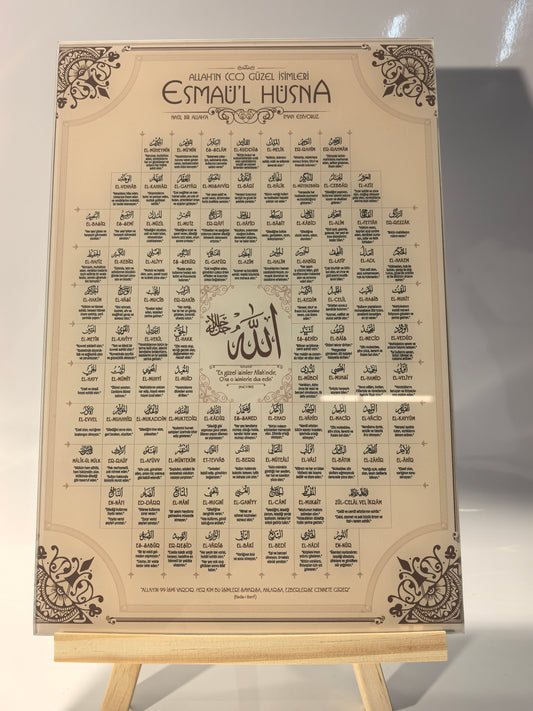 Elegantes Esma'ül Hüsna Wandbild auf Acrylglass – Die 99 Schönen Namen Allahs – 50x70 cm – Hochwertiger Druck & Tiefenwirkung
