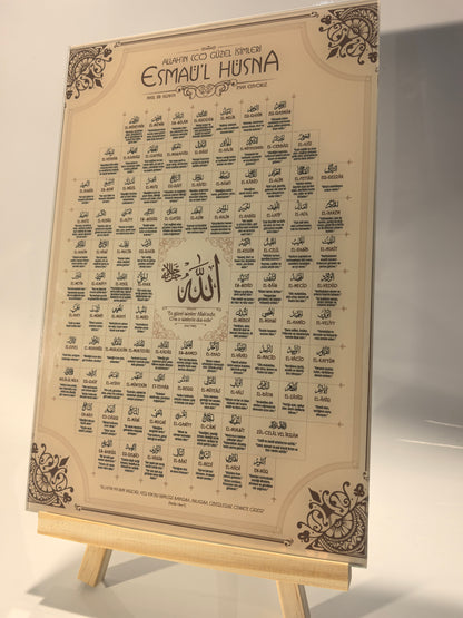 Elegantes Esma'ül Hüsna Wandbild auf Acrylglass – Die 99 Schönen Namen Allahs – 50x70 cm – Hochwertiger Druck & Tiefenwirkung