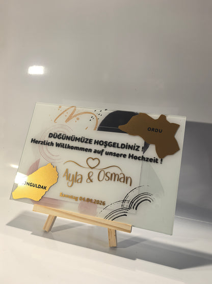 Personalisiertes Hochzeits-Empfangsschild – Zweisprachig mit goldener Stadtsilhouette