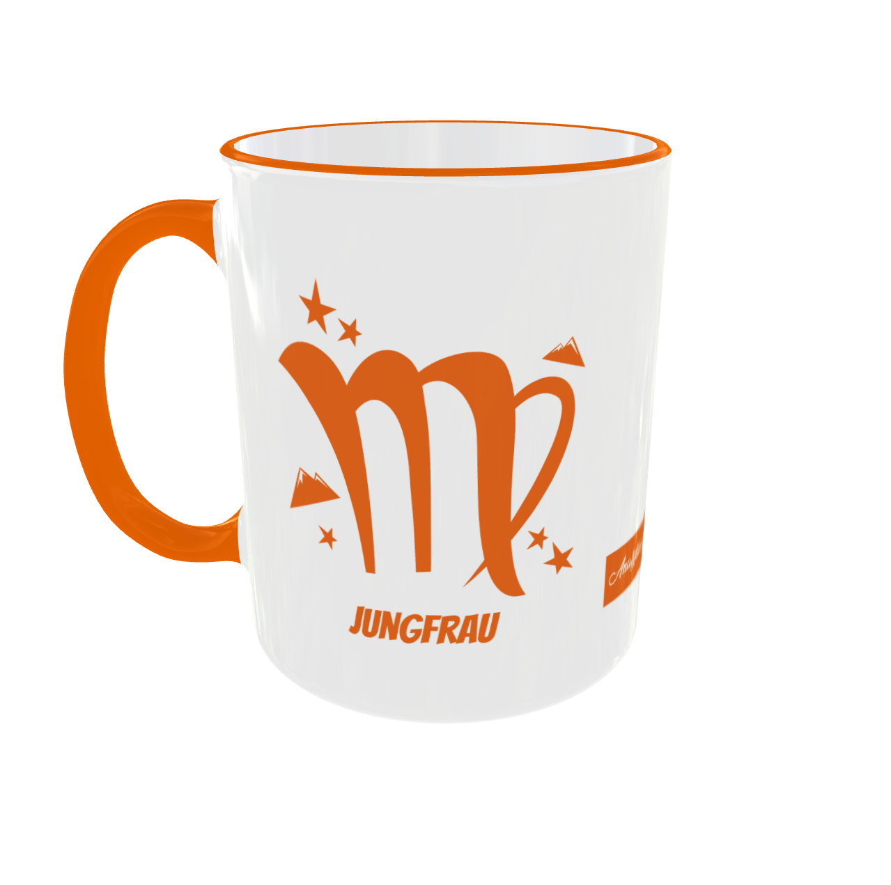 Weiße Keramiktasse mit orangefarbenem Henkel und dem Sternzeichen-Symbol für Jungfrau sowie dem Schriftzug „JUNGFRAU“.