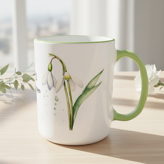 Januar Geburtstasse mit Nelken und Schneeglöckchen Motiv - Design A