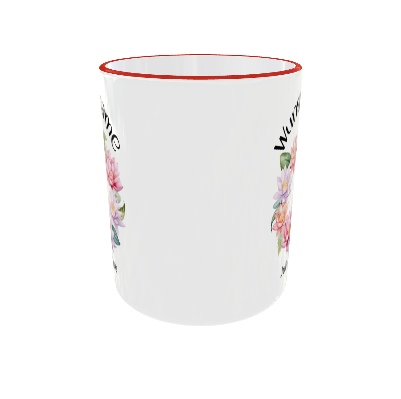 Juli Geburtsblume Seerose Tasse - Detailansicht mit Blütenkranz und Wunschname