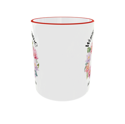 Juli Geburtsblume Seerose Tasse - Detailansicht mit Blütenkranz und Wunschname