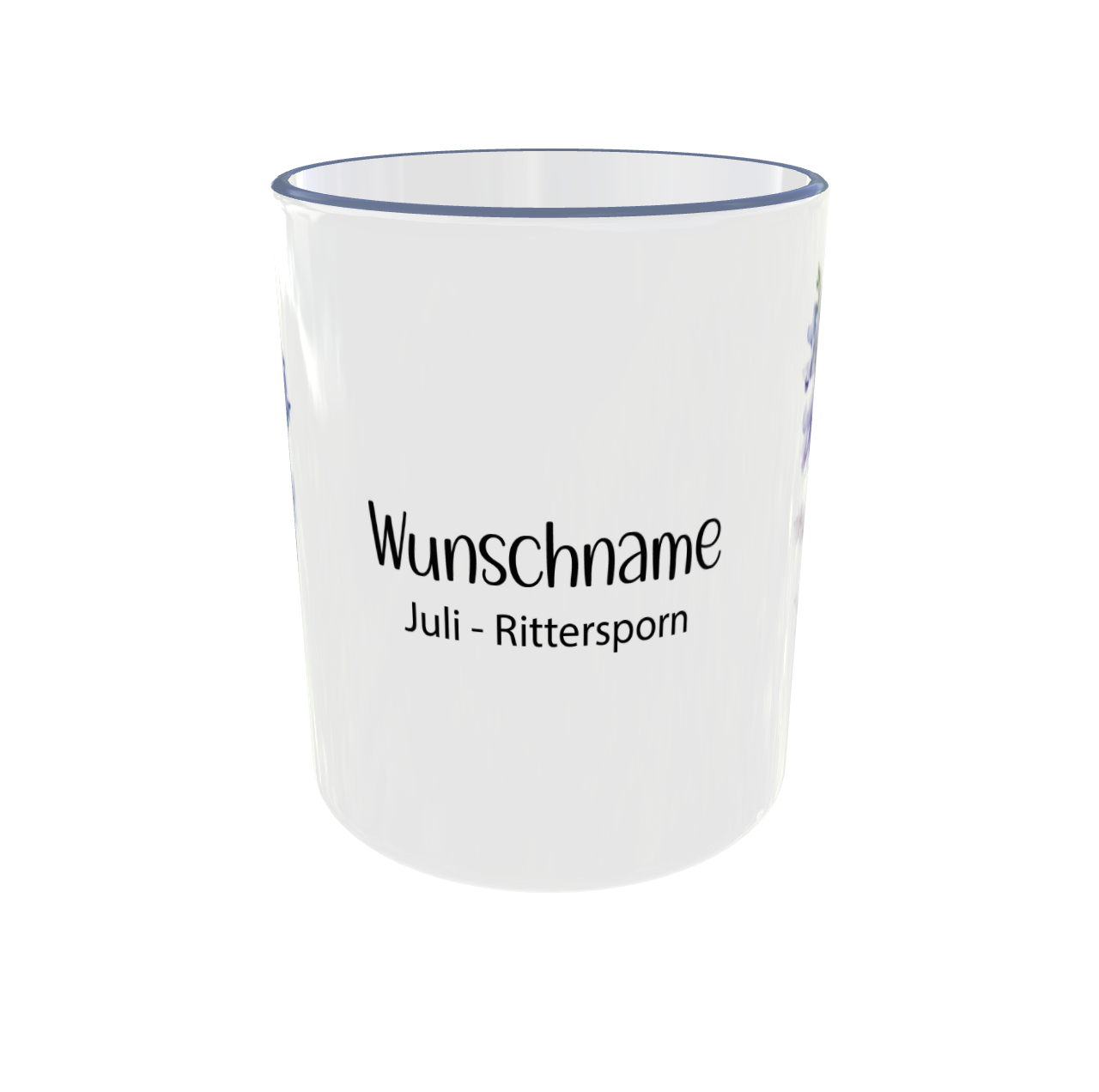 Juli Geburtsblumen Tasse Rittersporn - Rückansicht mit lila/blauem Rand
