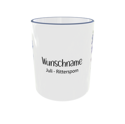 Juli Geburtsblumen Tasse Rittersporn - Rückansicht mit lila/blauem Rand