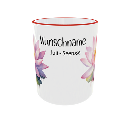 Juli Geburtsblumen Tasse Seerose - Seitenansicht mit Personalisierung und rotem Rand