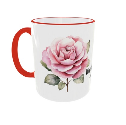 Personalisierte Tasse mit Juni Geburtsblume Rose in rosa, individuell mit Namen bedruckt