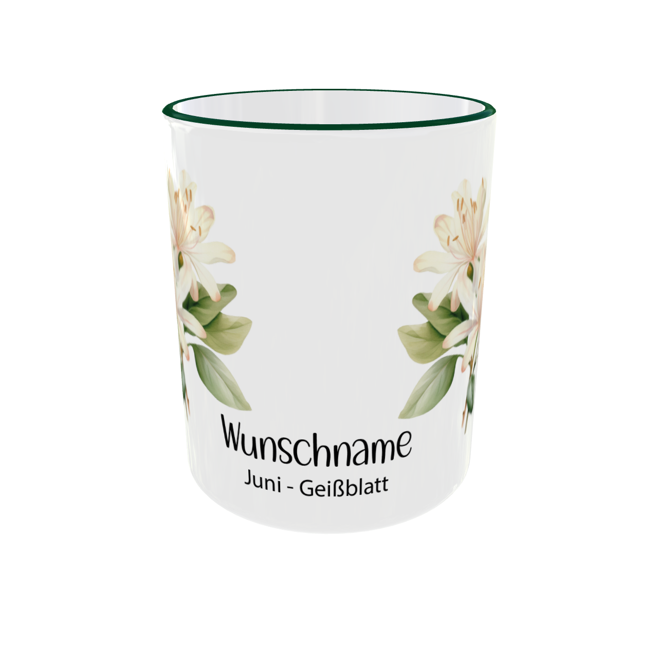 Juni Geburtsblumen Tasse Geißblatt - Seitenansicht mit grünem Rand