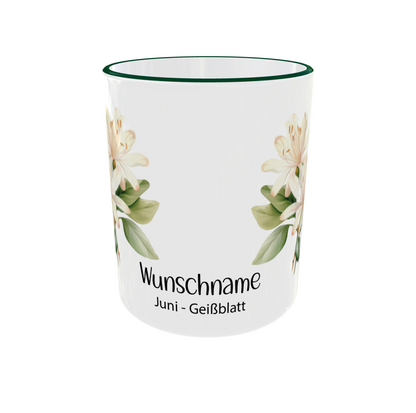Juni Geburtsblumen Tasse Geißblatt - Seitenansicht mit grünem Rand
