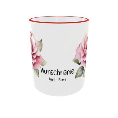 Juni Geburtsblumen Tasse Rose - Rückansicht mit Wunschname und rotem Rand