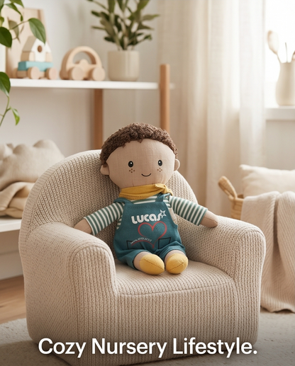  „Personalisierbare Stoffpuppe Junge mit Transferdruck im Kinderzimmer-Lifestyle"