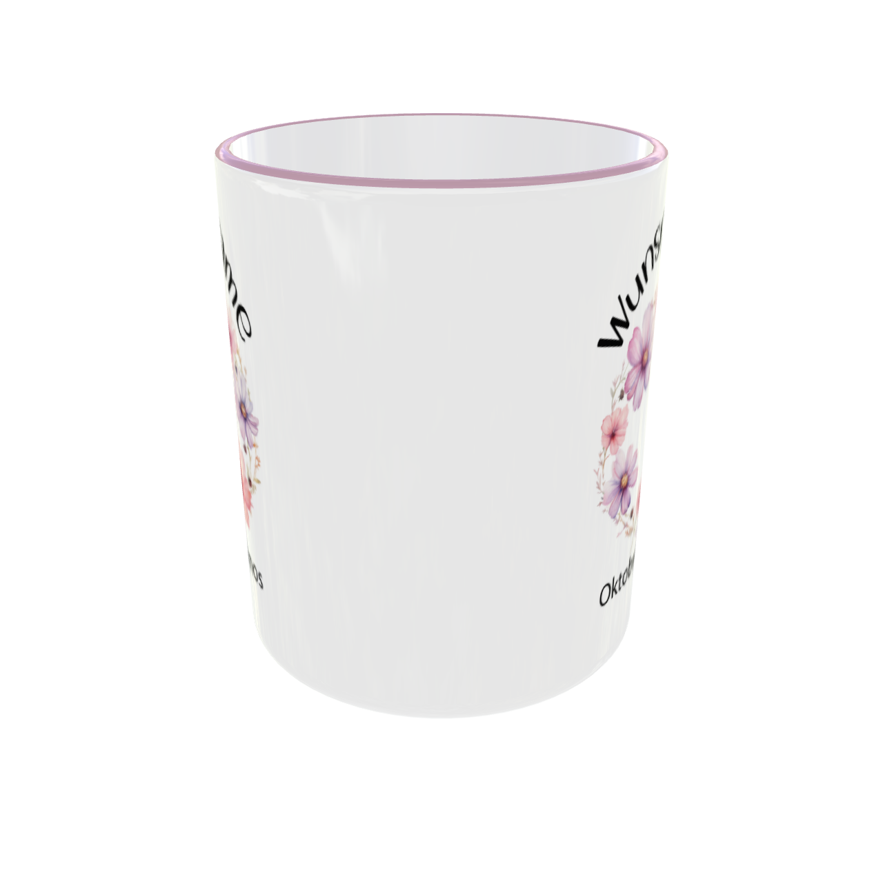 Oktober Tasse mit Kosmos Blumenmotiv Seitenansicht