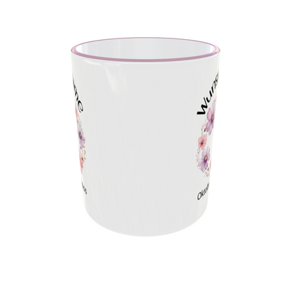 Oktober Tasse mit Kosmos Blumenmotiv Seitenansicht