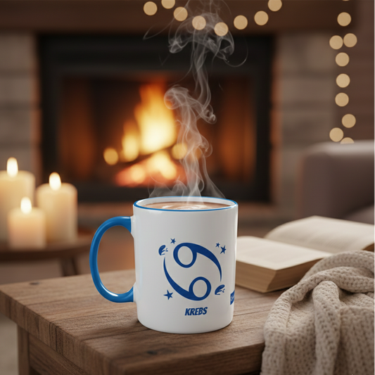 Die Krebs-Tasse auf dem Tisch vor einem prasselnden Kaminfeuer, was eine gemütliche und warme Atmosphäre schafft.