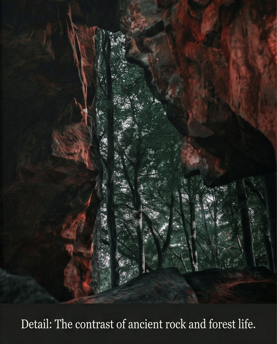 Detailaufnahme Druckqualität – Kontrast roter Sandstein und grüner Wald, Nahaufnahme Giclée Fine Art Print, Kunstdruck Das Steinfenster