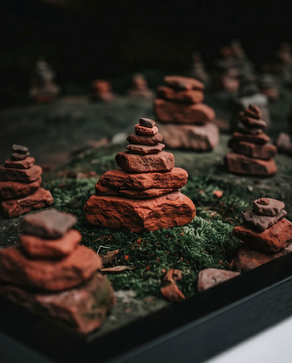 Detailaufnahme Druckqualität – Nahaufnahme rote Sandsteinturm-Stapel auf Moos, Kunstdruck Die Steinstadt von Alex Writsch