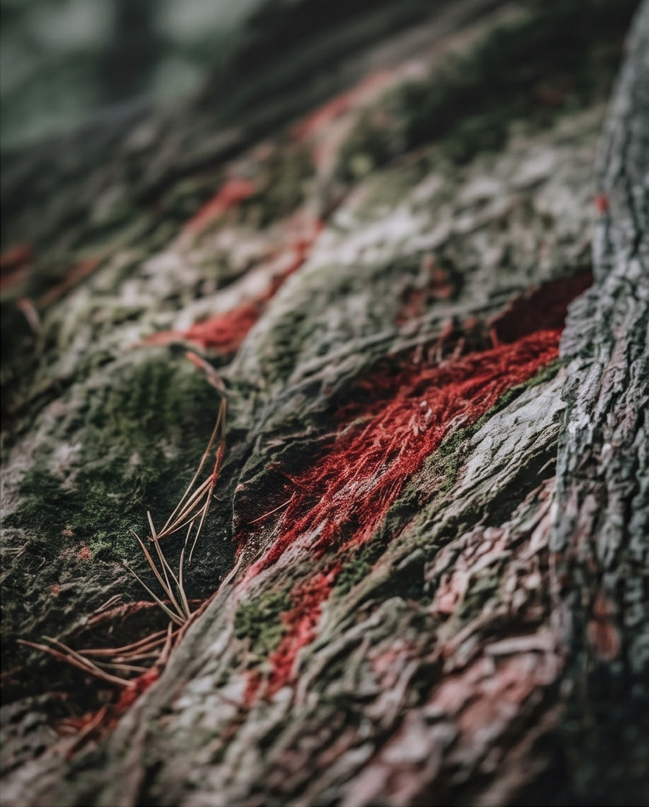 Detailaufnahme Kiefernrinde mit roten Lichtreflexen und Moos – Nahaufnahme Baumrinde, Kunstdruck Felseninsel von Alex Writsch