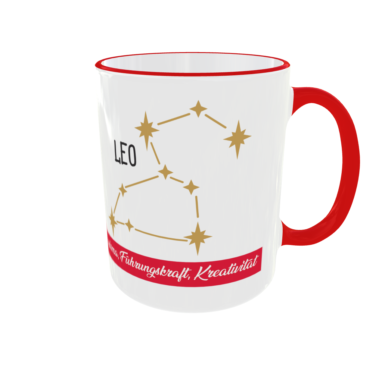 Rückseite der Tasse mit goldenem Leo-Sternbild und rotem Textband mit den Eigenschaften Großzügigkeit und Charisma.