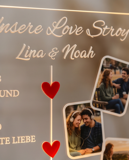 Personalisiertes Acrylglas Unsere Love Story mit LED-Holzsockel, Liebes-Timeline mit Wunschnamen , Meilensteinen Freund, Erste Liebe, Verlobung, Heiraten und vier Paarfotos