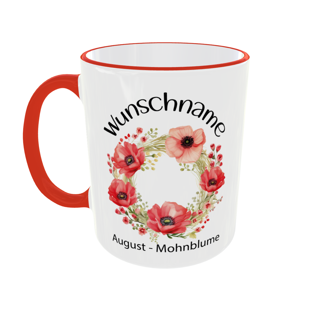 Personalisierte Tasse mit August Mohnblumen Kranz - Wunschname auf weißer Tasse mit rotem Rand