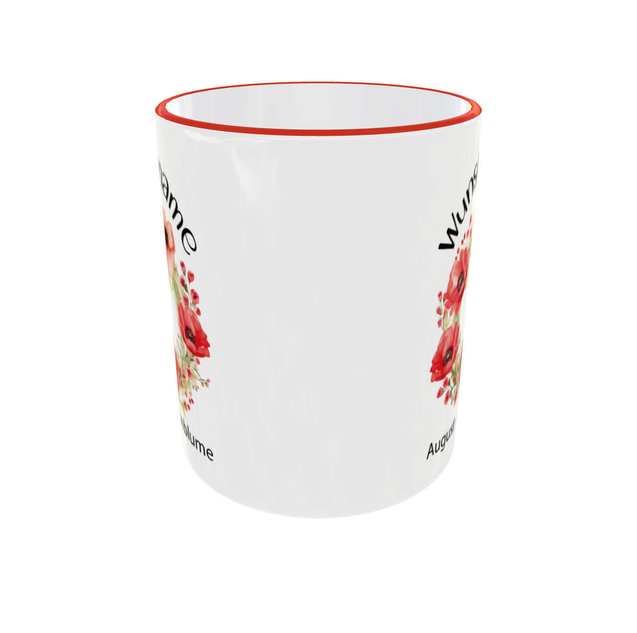 Rückansicht der personalisierten August Geburtsblumen Tasse mit Mohnblumen Kranz