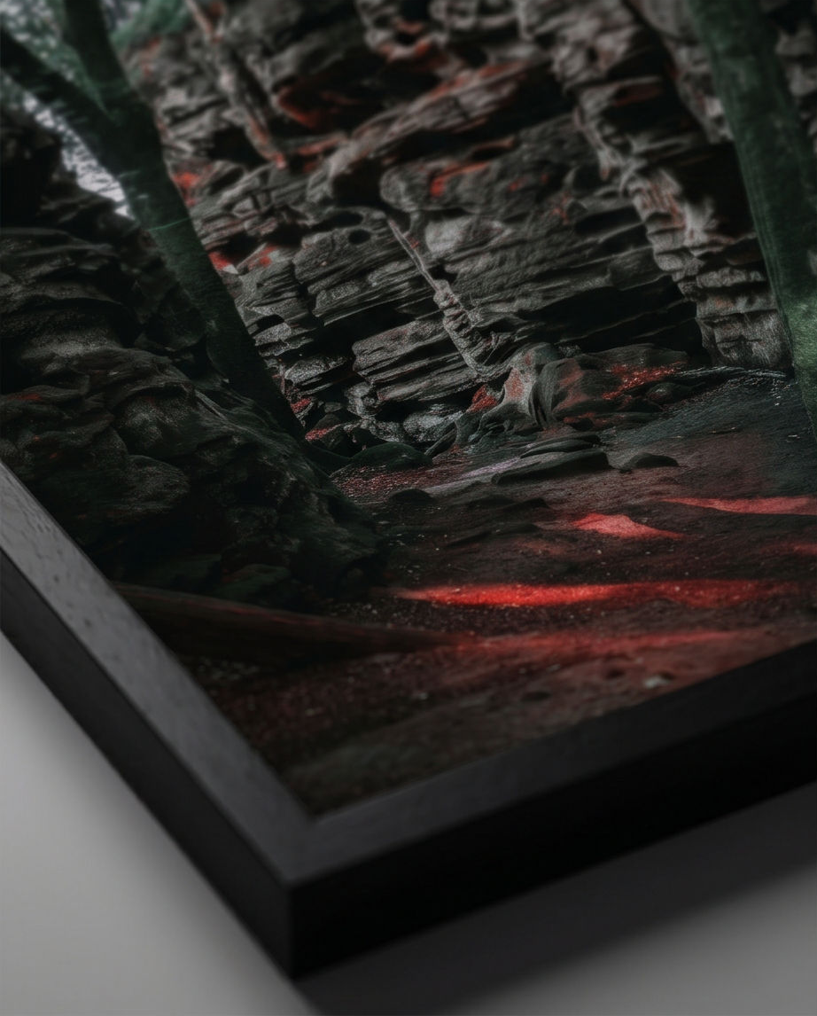 Detailaufnahme Druckqualität – Nahaufnahme Sandsteinfelsen mit roten Lichtreflexen, schwarzer Holzrahmen Ecke, Kunstdruck Felsweg