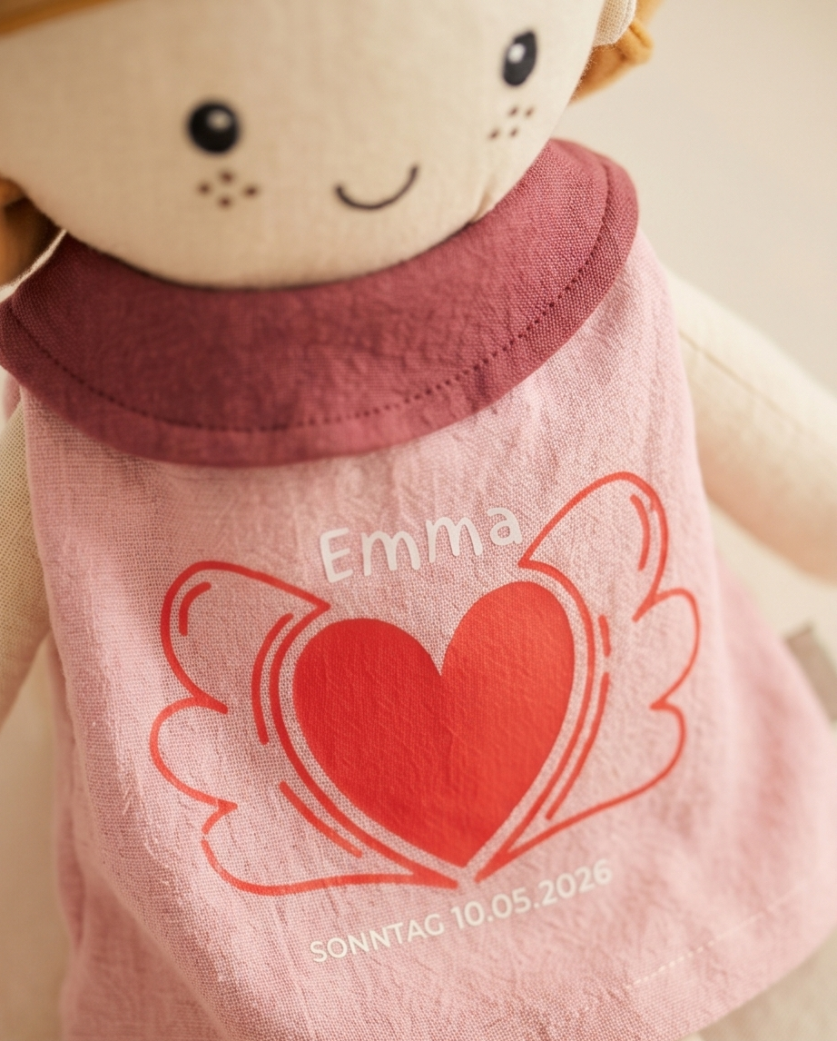 Nahaufnahme der personalisierten Stoffpuppe mit Name Emma und Datum 10.05.2026