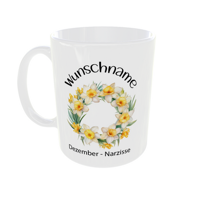 Dezember Narzisse Kranz Tasse - personalisierbare Geburtsblumentasse mit Wunschname