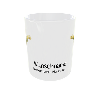 Dezember Narzisse Tasse Rückseite - personalisierbare Geburtsmonatstasse mit Blumenmotiv